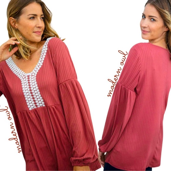 Beautiful Spring/Fall Blouse with Crochet V-Neck trim Babydoll Style! - Picture 8 of 16